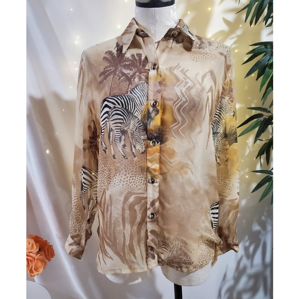 Vtg 80s Sea Suns Sheer Safari Zebra Animal Print Button Blouse Womens Size M